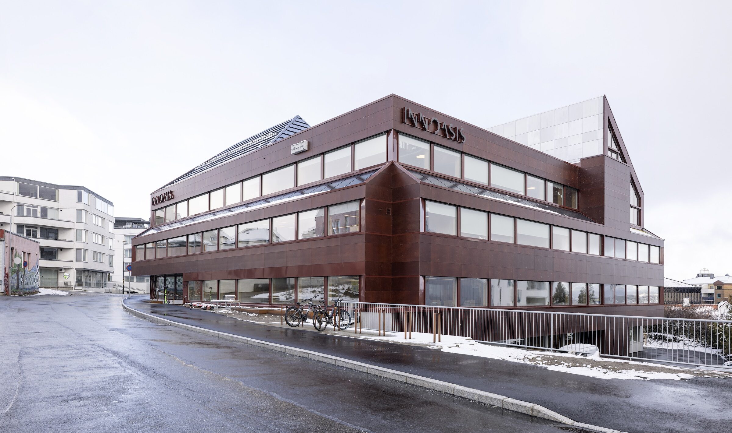 Exterior photo of the Innoasis timber office transformation.